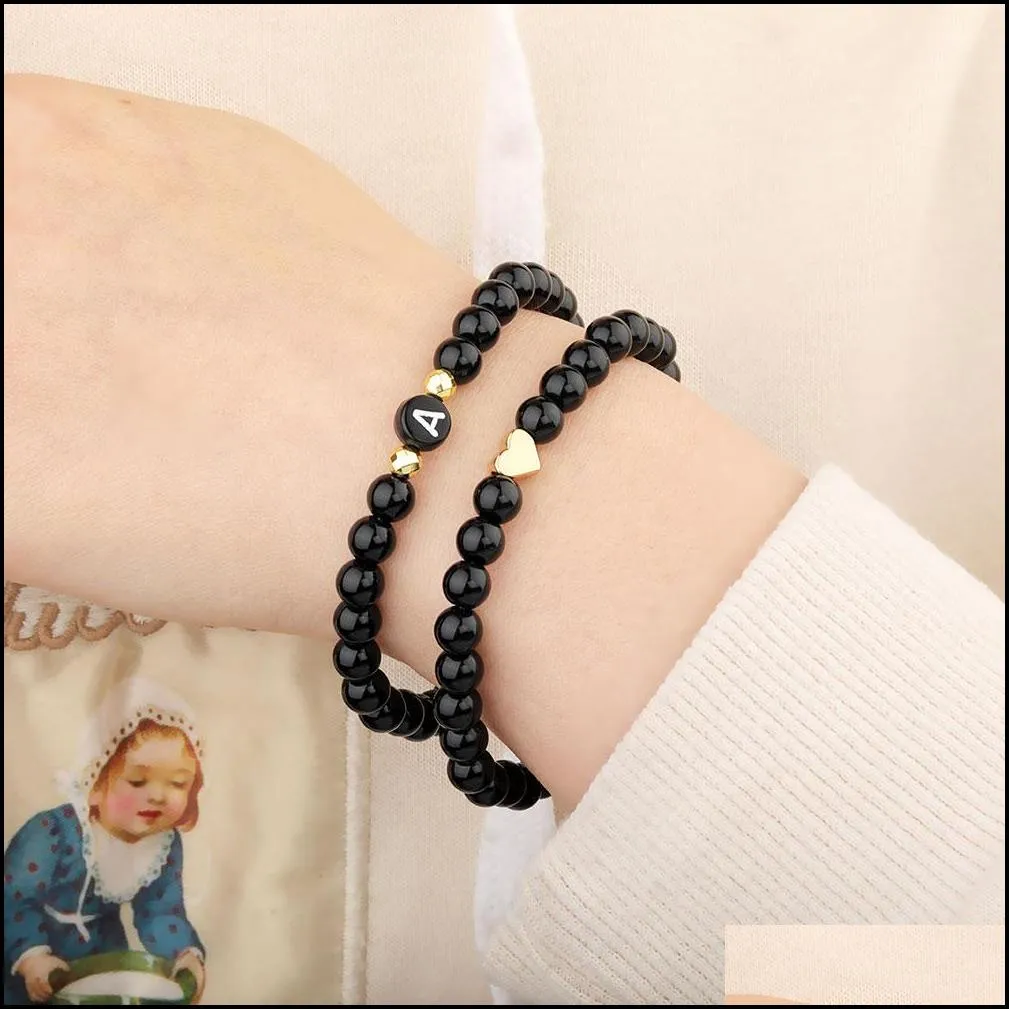 26 letter name beaded strands bracelet stretch diy black glass bead boho friendship bracelets for girls women summer beach jewelry