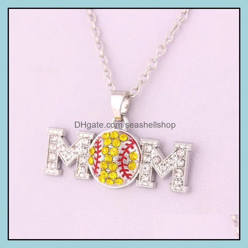  softball sports pendant necklace mom letter white yellow crystal rhinestone ball charm link chain for team fans fashion