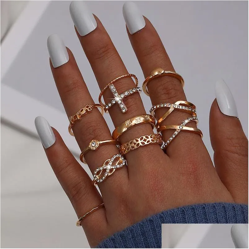 fashion jewelry knuckle ring set gold rhinestone cross circel heart crossed shape stacking rings midi rings sets 11pcs/set