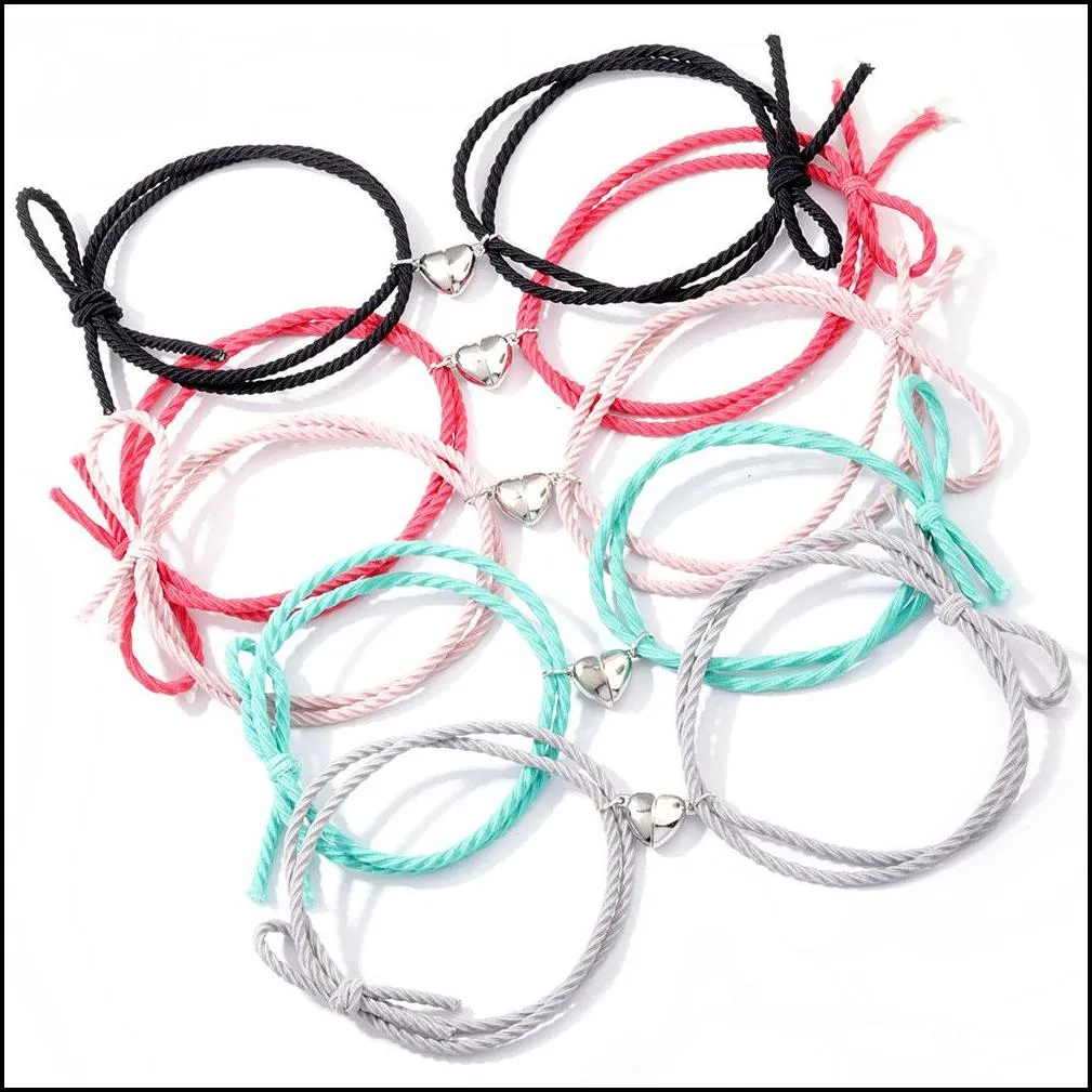 2pcs elastic rope chain couple bracelets heart pendant lover magnet braided magnetic distance friendship bracelet jewelry for women