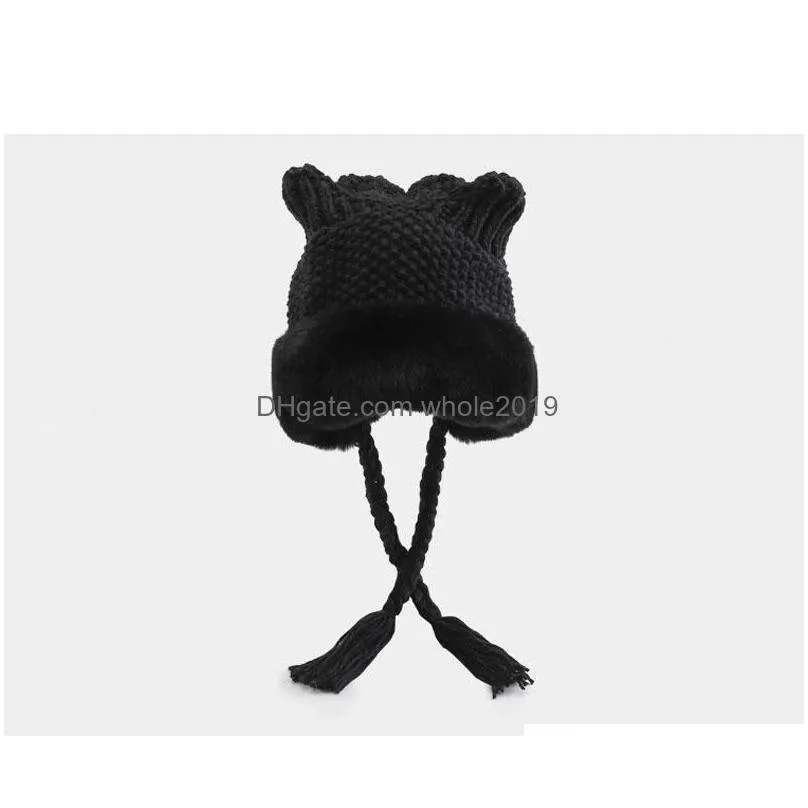 winter warm womens knitted hat sweet lovely ear cap braid faux fur fleece plush cotton hats