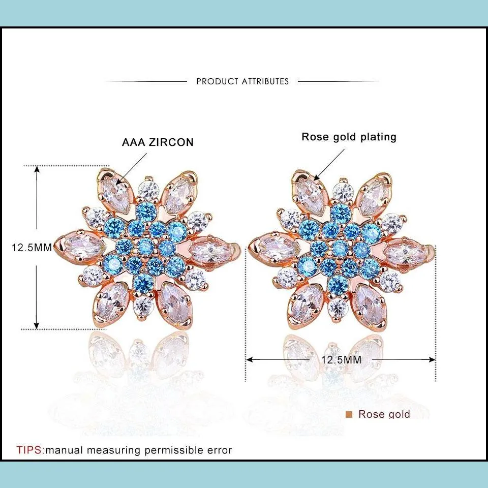 rose gold silver color romantic snowflake flower blue crystals clear cz stud earrings for women boho wedding jewelry exquisite lady