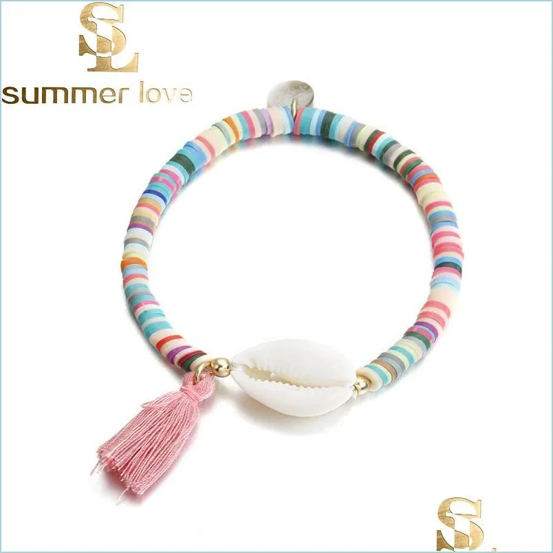 fashion white shell elastic tassel charm bracelet bohemian colorful polymer clay beaded bracelets for women diy jewelry making gift