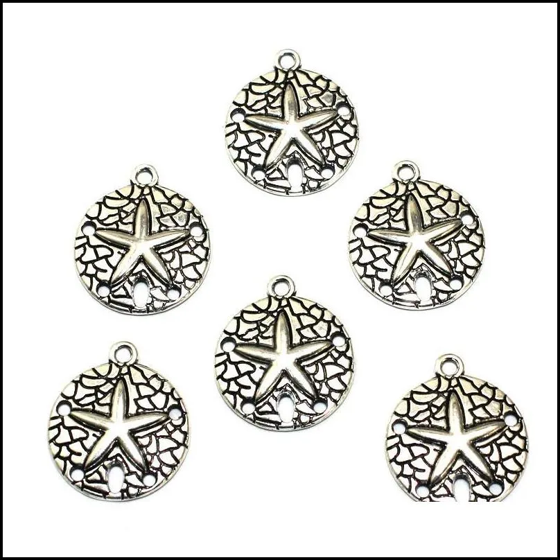 wholesale 50pcs/lot 22mm beach style round starfish charm pendant for bangles necklace jewlery findings vintage silver/gold color
