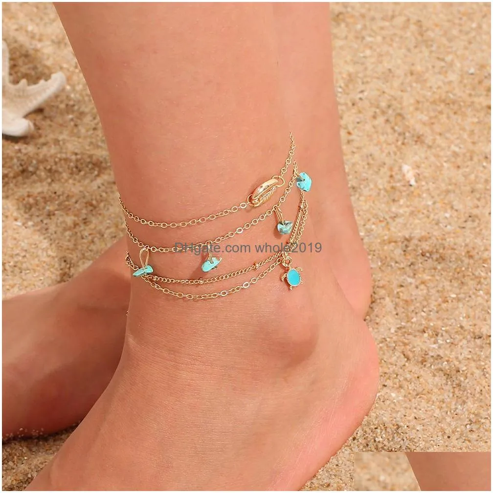 bohemian fashion jewelry shell tortoise turquoise pendant anklet 3pcs anklet set