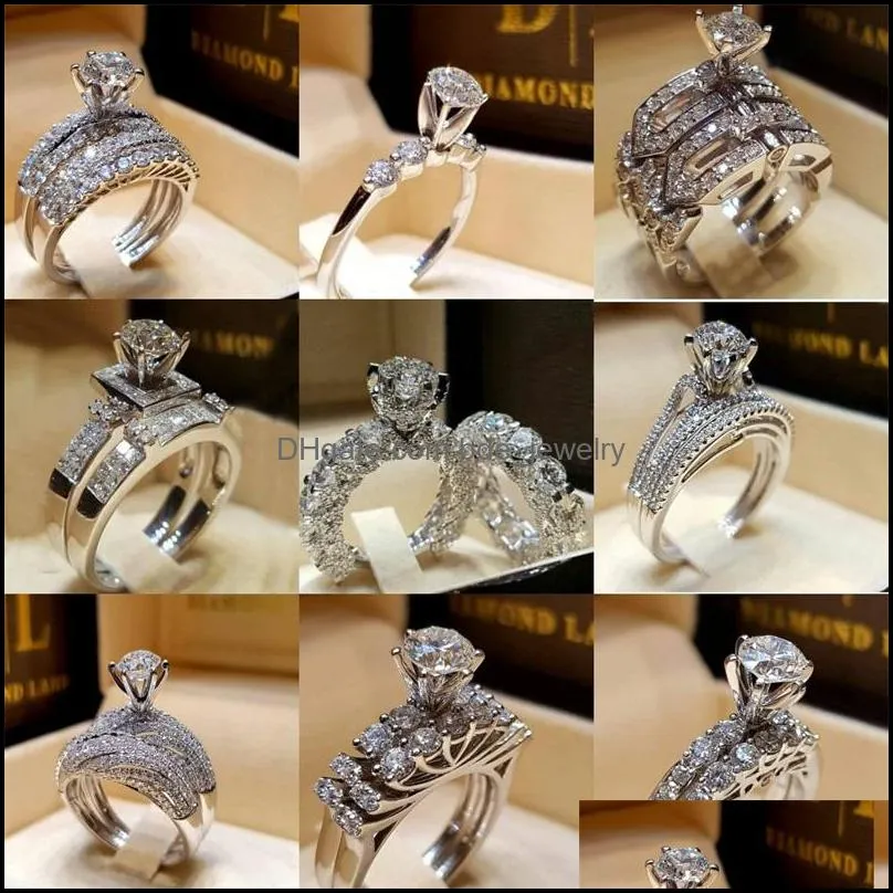 2pc/set elegant cubic zircon rings set for women engagement crystal anillos wedding ring bridal bague jewellery mujer female 617 t2