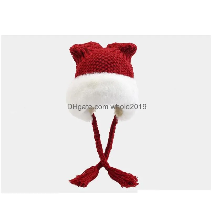 winter warm womens knitted hat sweet lovely ear cap braid faux fur fleece plush cotton hats