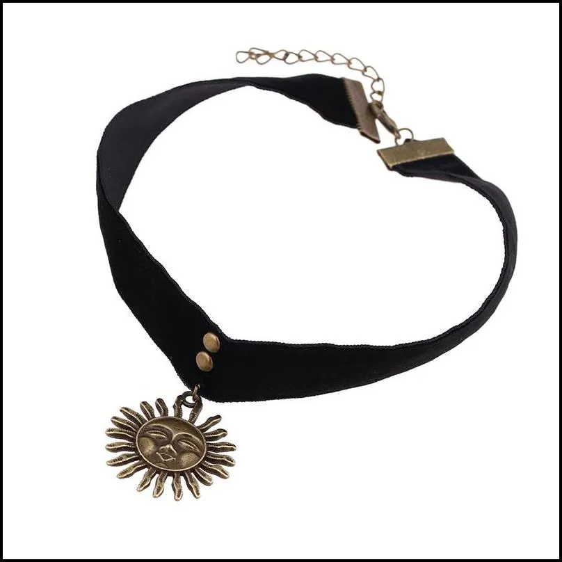 korea style velvet vintage silver bronze sun charm choker necklace for women gothic pendant black choker fashion jewelry gift