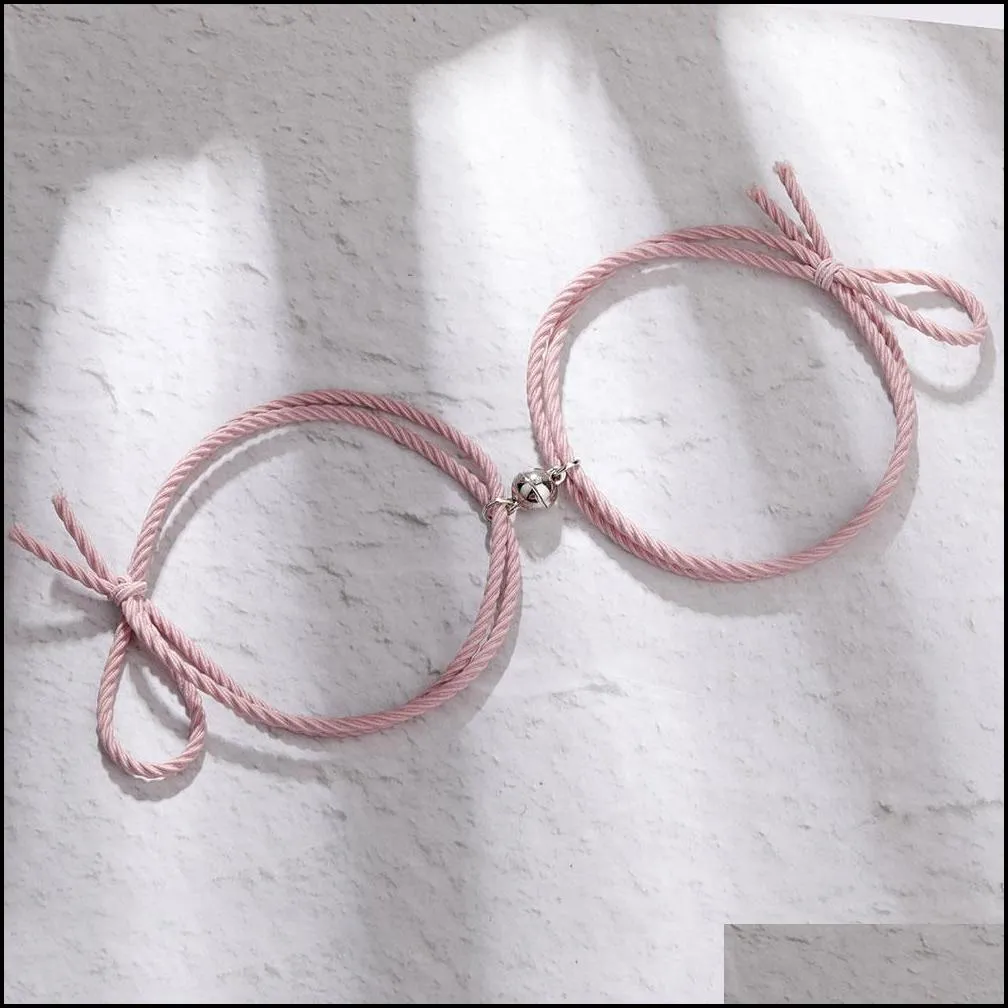 2pcs elastic rope chain couple bracelets heart pendant lover magnet braided magnetic distance friendship bracelet jewelry for women