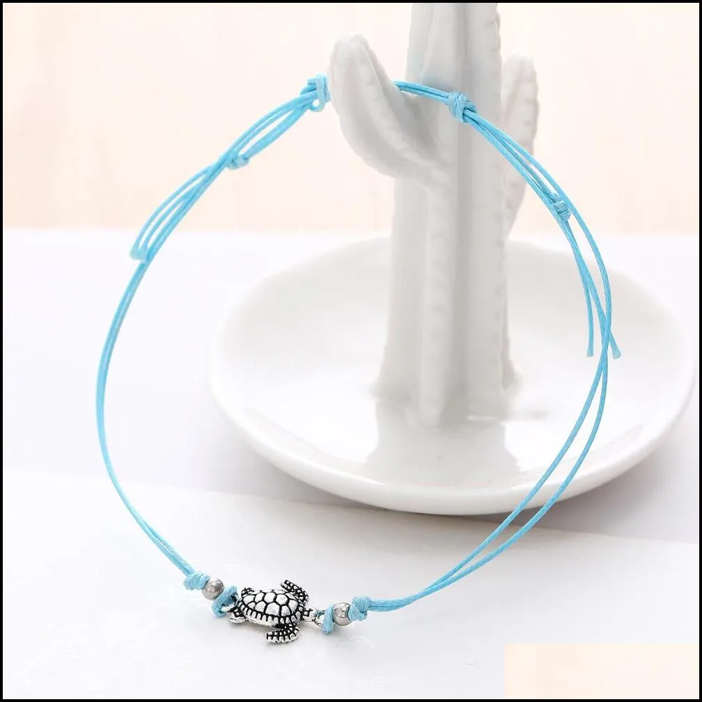 antique silver sea turtles tortoise charm weave anklet for women handmade ethnic friendship knot anklet unisex promotional