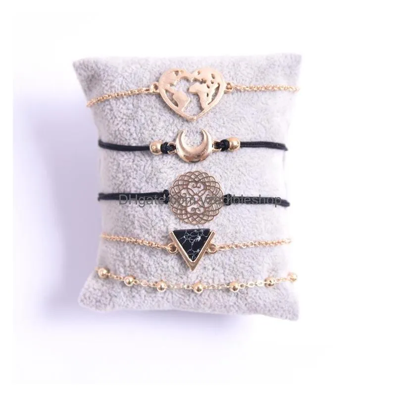 fashion jewelry bracelet set triangle black stone map moon beads layered bracelets 5pcs/set