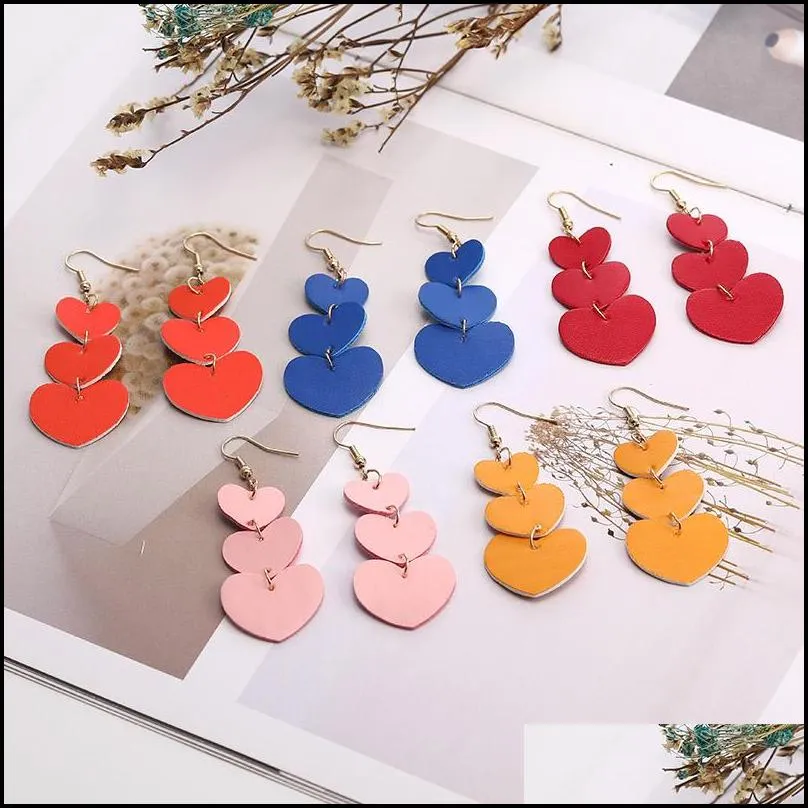  fashion designer twoside pu leather dangle earrings for women girl colorful heart charm lightweight long hook earring christmas