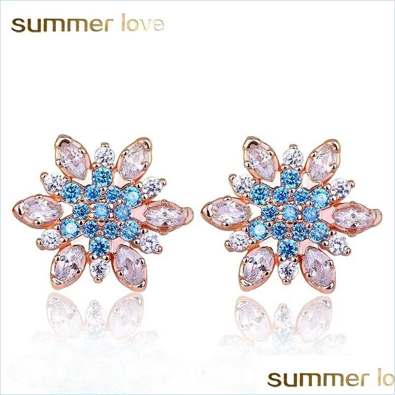 rose gold silver color romantic snowflake flower blue crystals clear cz stud earrings for women boho wedding jewelry exquisite lady