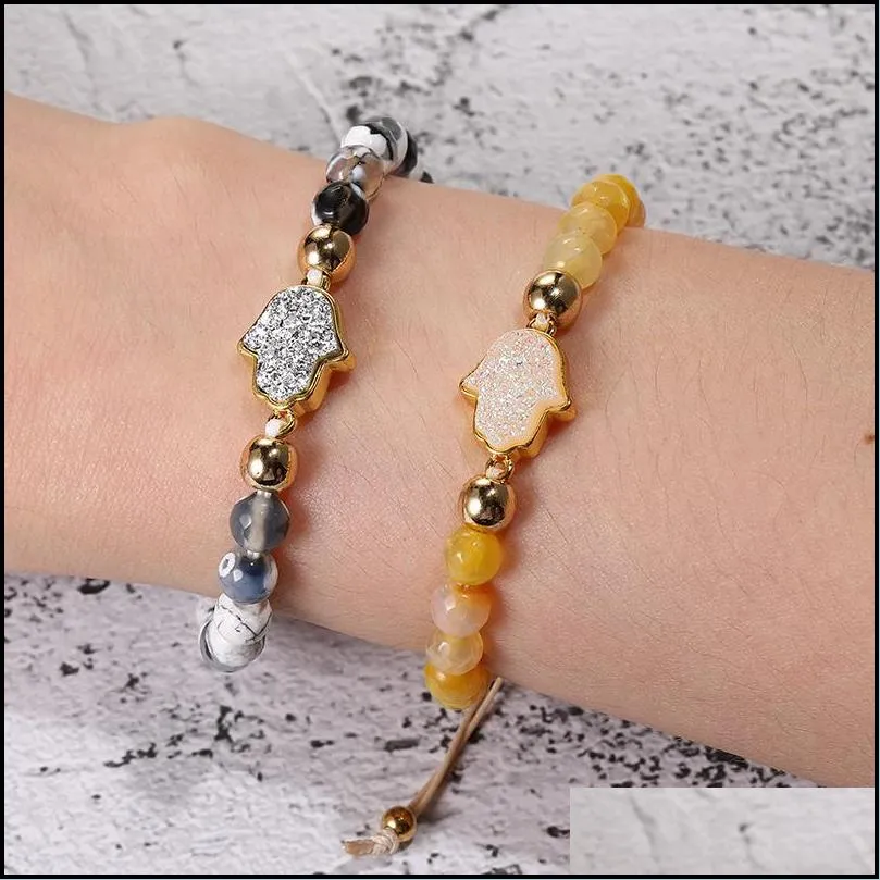 bohemian resin druzy charms natural stone agate beads bracelets with card braided fatima hamsa hand bracelet for womens jewelry party