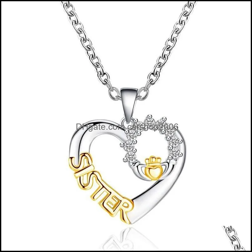 sister necklaces womens fashion heart hand crown pendant sister letter zircon necklace sisters gifts jewelry heart necklace carshop2006