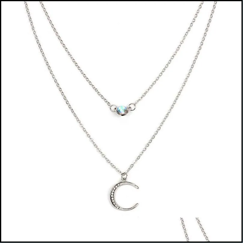 rhinestone crescent moon pendant necklace for women girls bohemia multilayer silver gold chain necklace party fashion jewelry