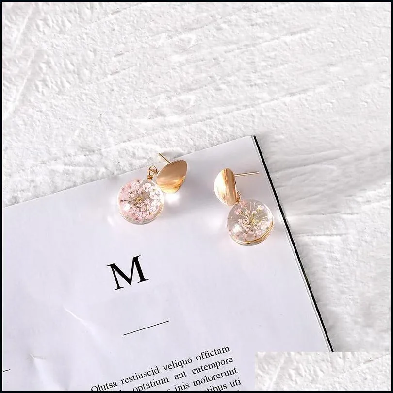 fashion dried flower glass sequin dangle hanging earrings for women wedding transparent ball gold plating drop earrings jewelry