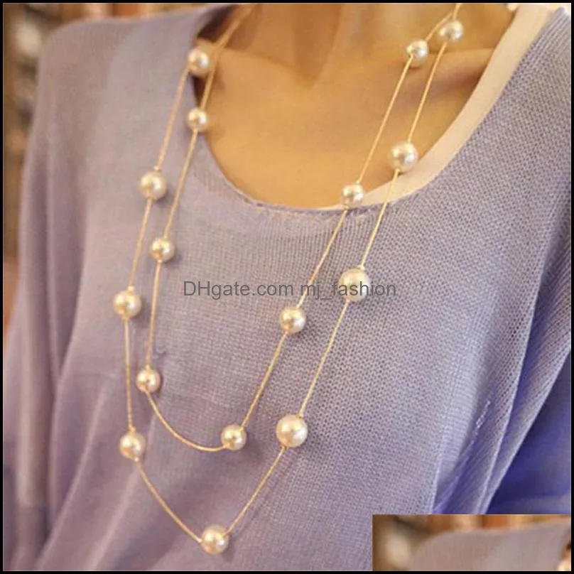  long double layer simulated pearl necklace women sweater chain necklace female collares statement jewlery wholesale 2021 735 q2