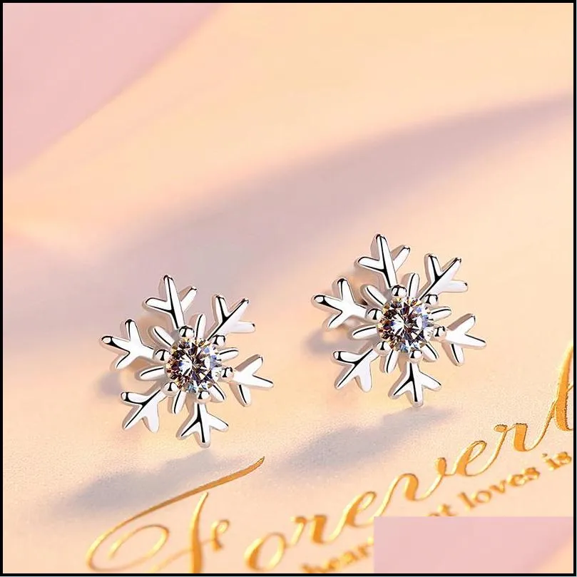 fashion deaigner 925 sterling sliver snowflake stud earrings for women gril cubic zircon shiny stud earring jewelry christmas gift