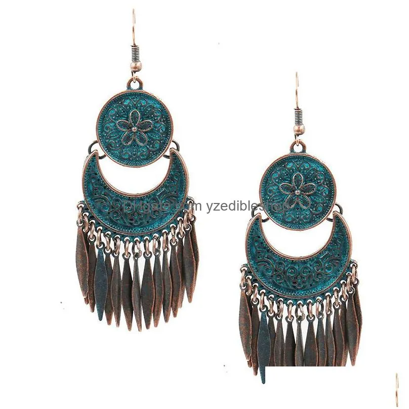 bohemian fashion jewelry womens vintage earrings flower carved flower tassels dangle earrings