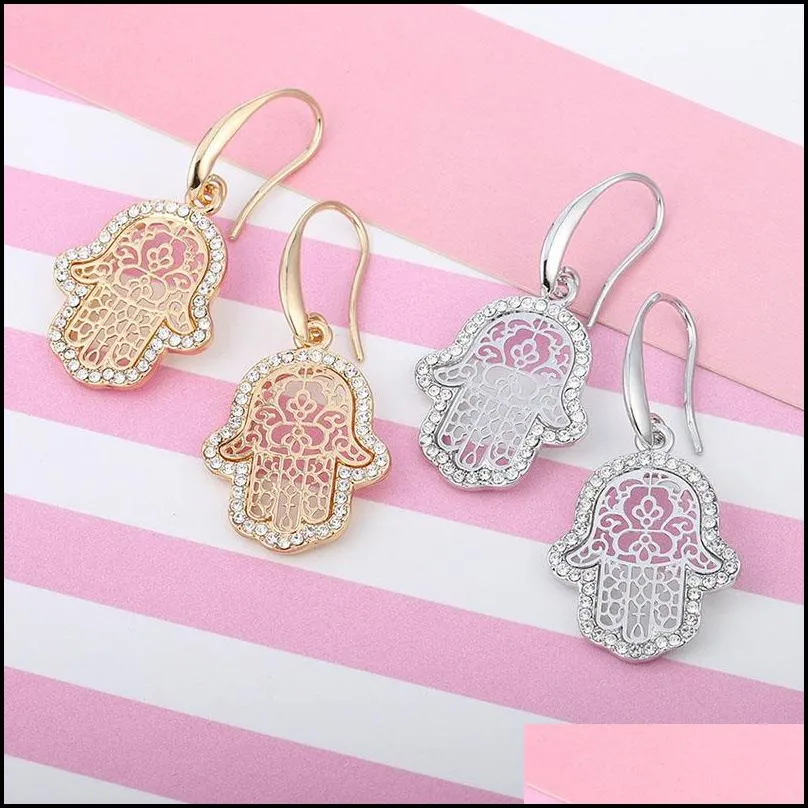 punk style gold palting crystal copper drop earring for women hamsa hand fatima palm fashion dangle earring unique jewelry