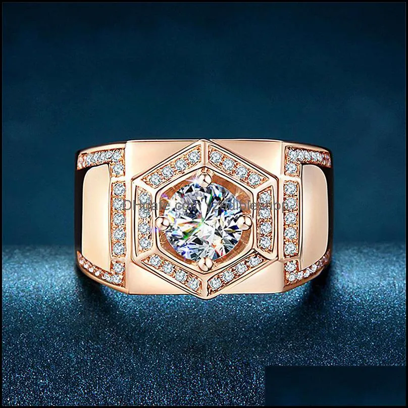 fashion domineering open adjustable hexagonal group full of diamond ring plated yellow rose gold color business charming yzedibleshop