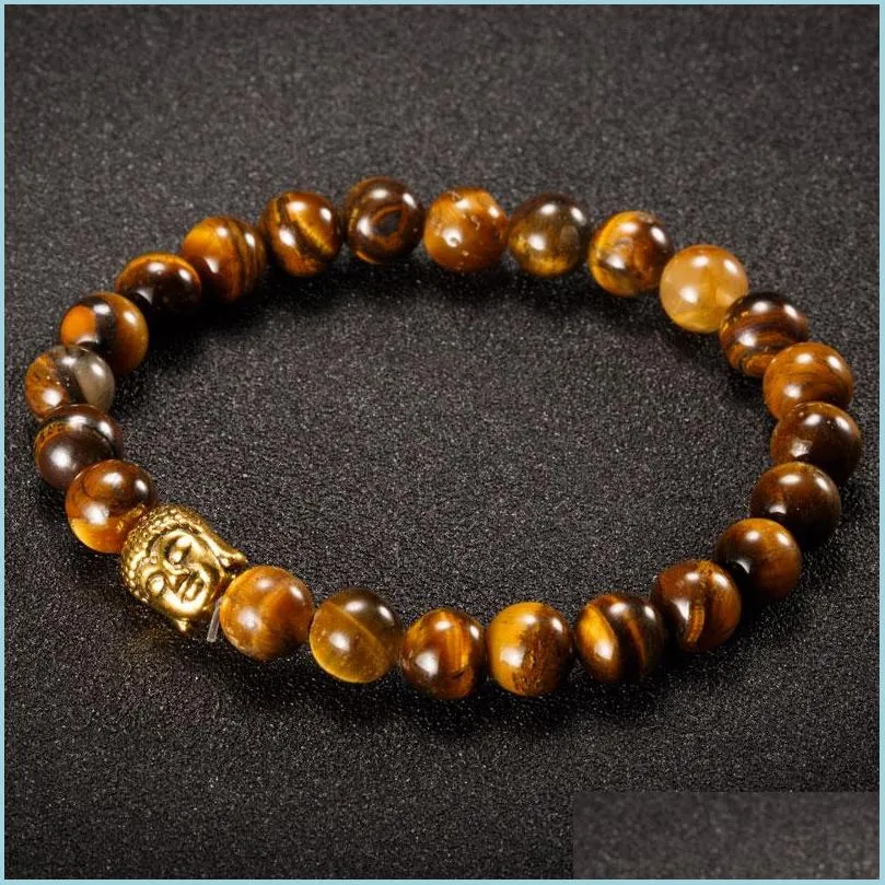 8mm natural stone bead buddha bracelets for women and men gold silver buddha tiger eye pulseras mujer promotion