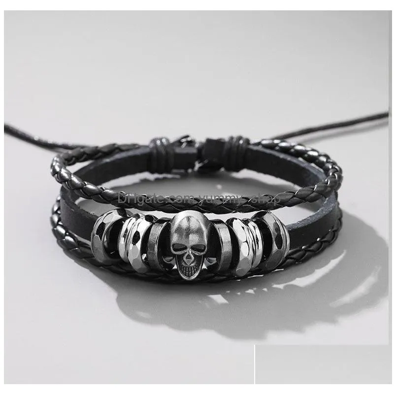 fashion jewelry metal punk leather bracelet for men retro beaded skull handwoven pu leather bracelets