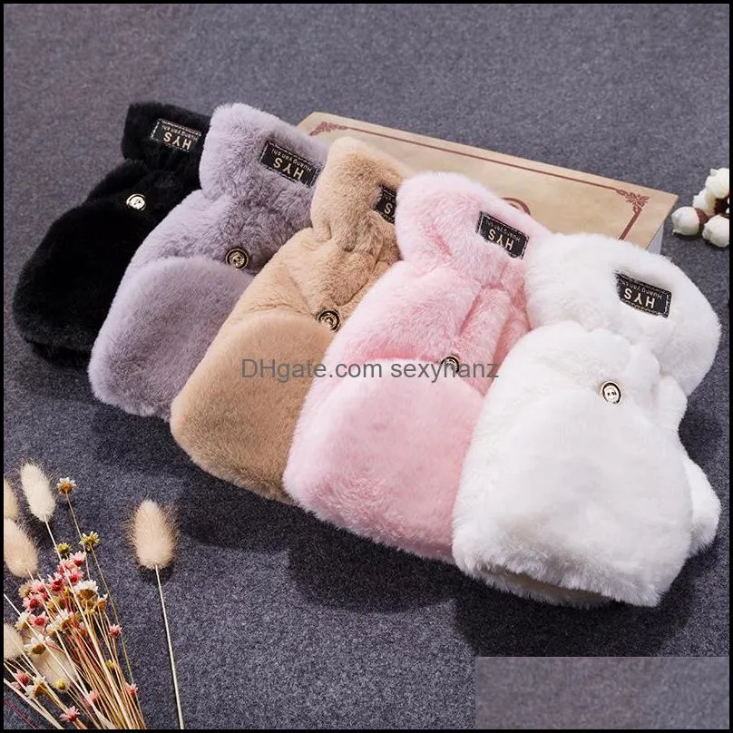 soft faux fur gloves fuzzy lined flip up down top fingerless winter warm cover mittens for teen girls women outdoor sports