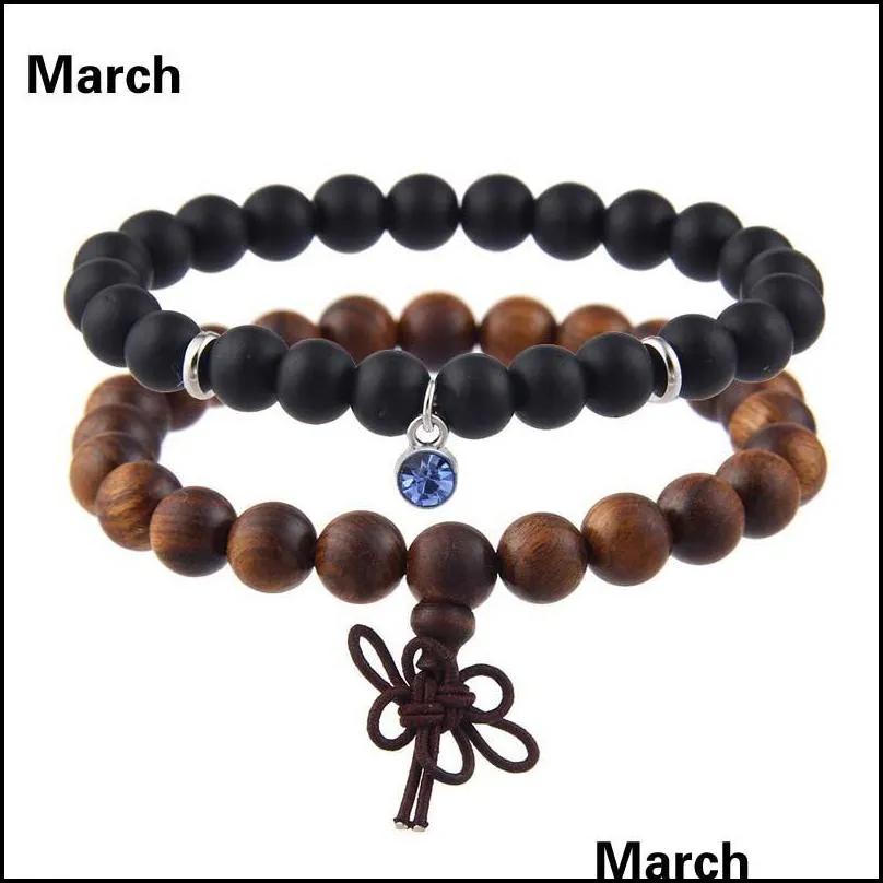  fashion 2pcs/set wooden beads bracelet charm birthstone 12 colors crystal pendant stainless steel black matte stone bracelet for