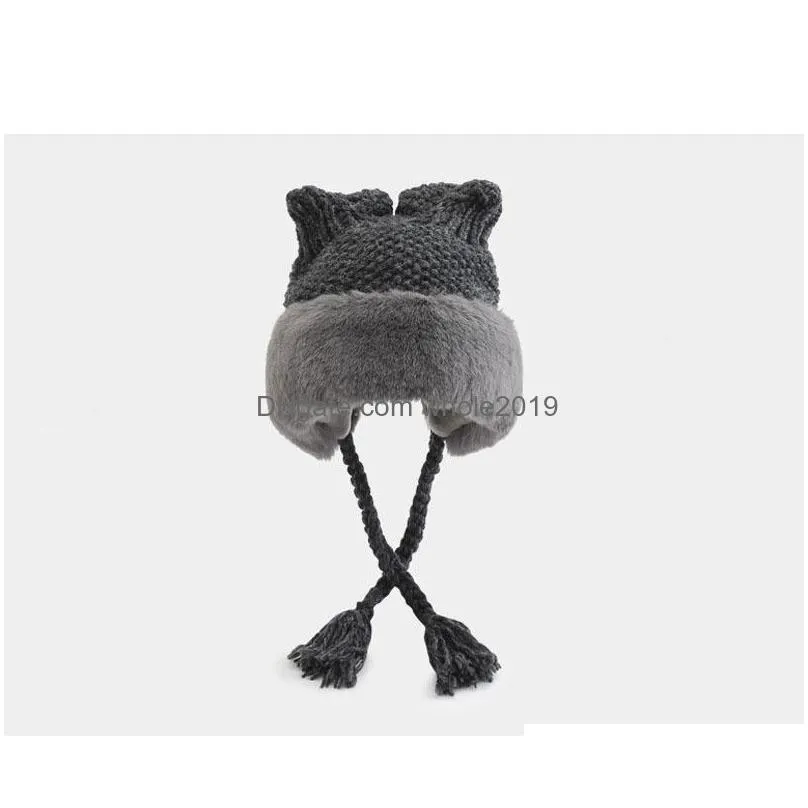 winter warm womens knitted hat sweet lovely ear cap braid faux fur fleece plush cotton hats