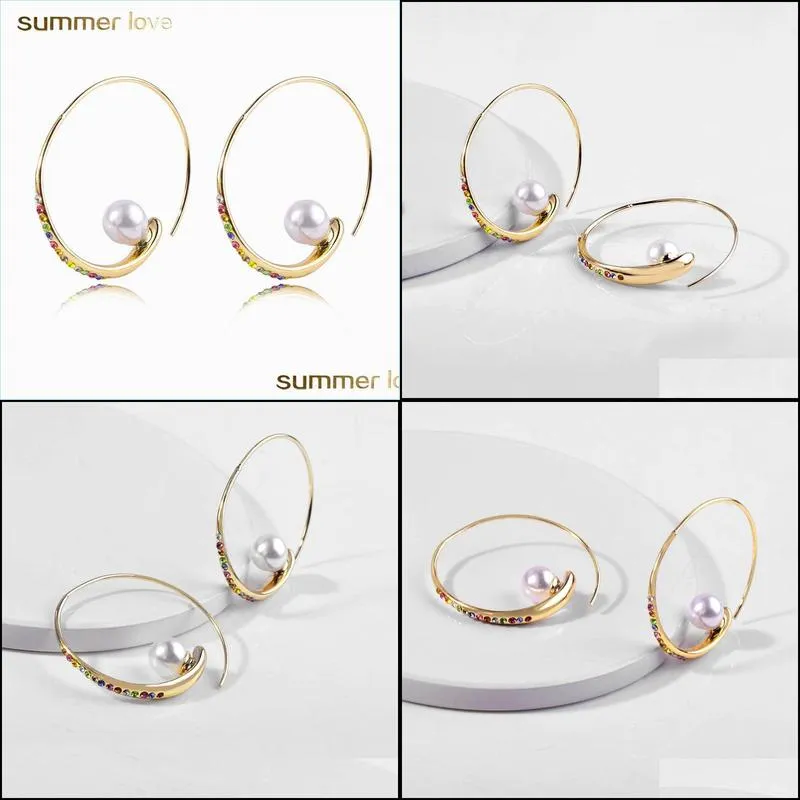  fashion pearl colorful crystal big hoop earrings for women gold metal copper large circle round hoop earrings jewelry wholesale