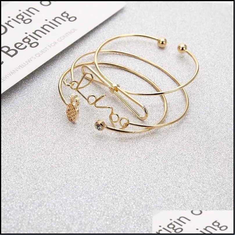 summer 3pcs/1set pineapple bowknot letter knot bracelet bangle bohemian geometric metal cuff wire bracelets statement jewelry