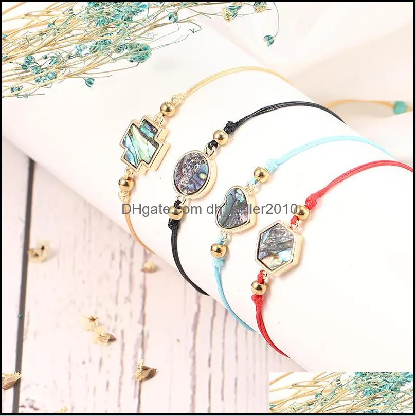 designer handmade abalone shell heart round cross hexag charm bracelet friendship braided rope string jewelry card for women gifts 3009