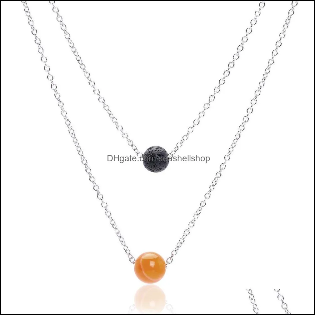  8mm lava rock and 10mm 7 color chakra stone pendant multilayered necklaces silver stainless steel chain for women fashion jewelry