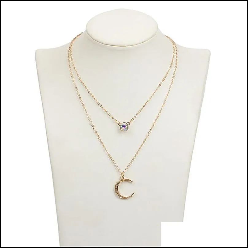 rhinestone crescent moon pendant necklace for women girls bohemia multilayer silver gold chain necklace party fashion jewelry