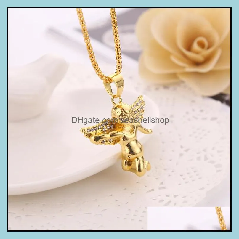  hip hop men necklaces diamante wing angel pendant necklace gold popcorn chains for women fashion high quality jewelry