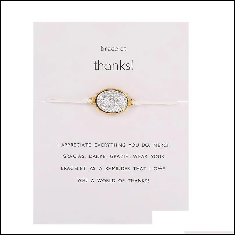  fashion natural resin stone oval druzy pendant bracelet with thanks card colorful string braiding bracelets for men women jewelry