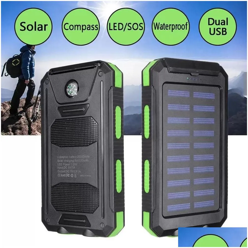 20000mah portable solar power bank charging cell phone solar  with dual usb charging ports led light carabiner compasses