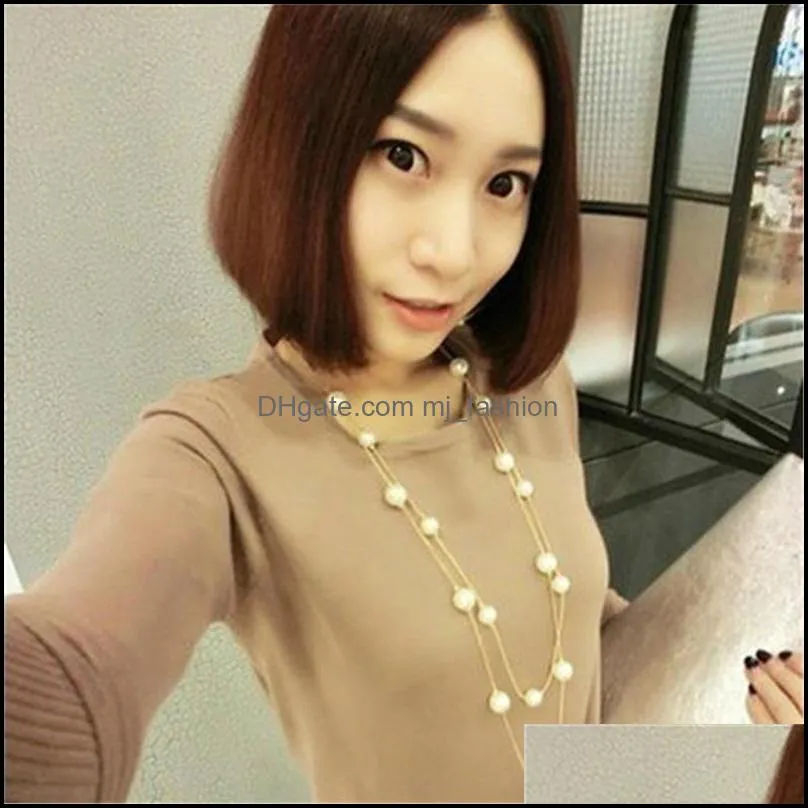  long double layer simulated pearl necklace women sweater chain necklace female collares statement jewlery wholesale 2021 735 q2