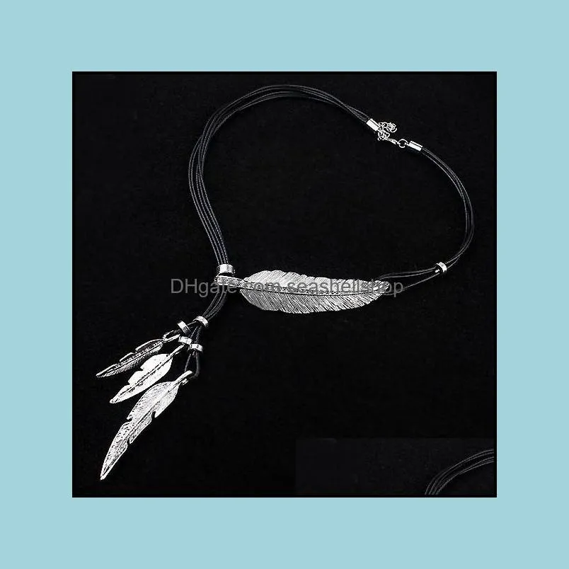  arrivals fashion rope chain feather pattern pendant necklaces bohemian style black statement necklace jewelry for women sweater