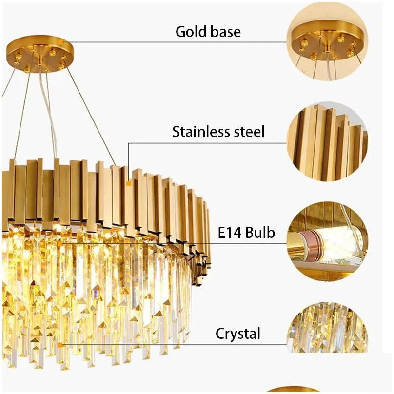 round gold chandelier lighting k9 crystal stainless steel modern pendant lamp for kitchen dining room bedroom bedside light