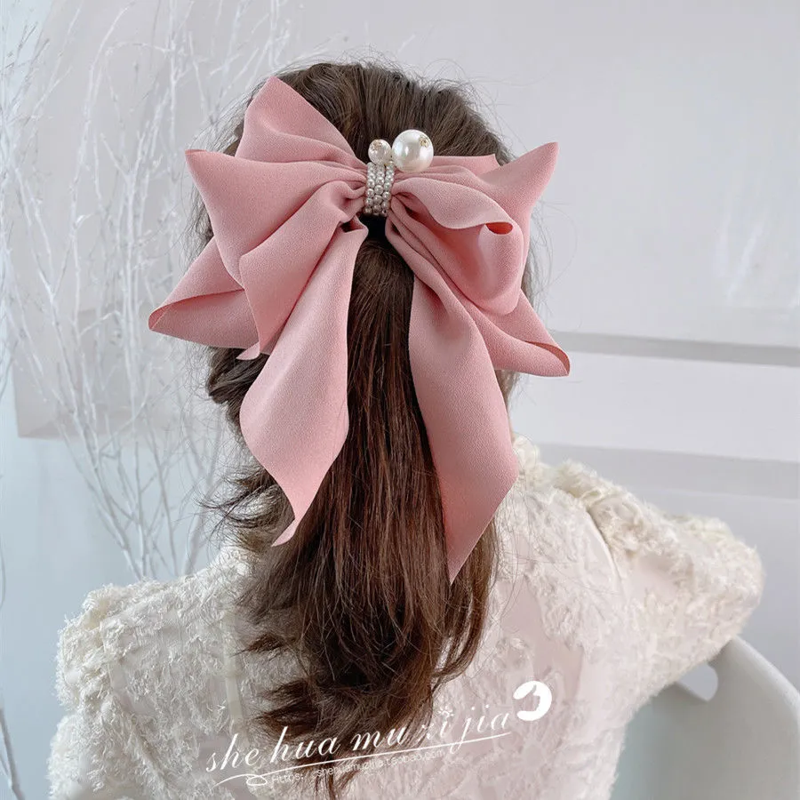 Children Accessories Large Hair Bows for Women Big Bow Clip Girl Scarf French Barrette with Pearl Long Tail Hair Slides Scrunchies /