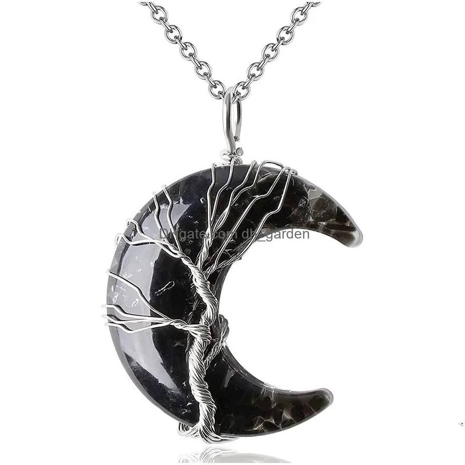 electroplated white k life tree macadam resin moon pendant necklace with stainless steel chain crescent