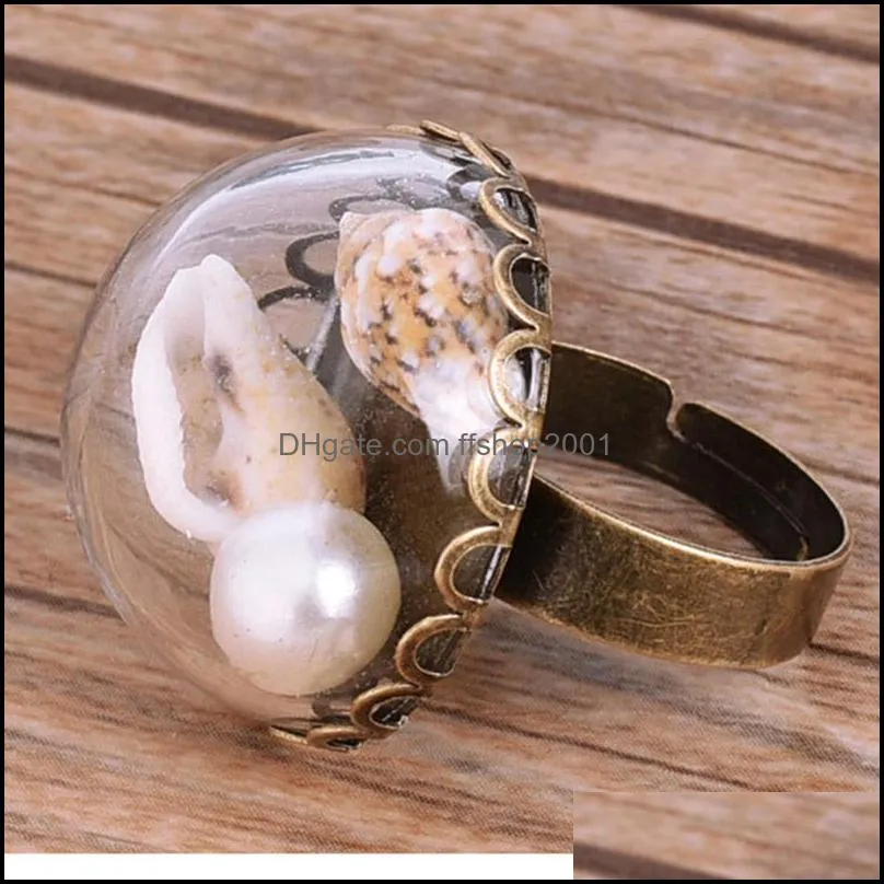 vintage gold unique adjustable big rings for women ladies glass cover shell starfish fashion party jewelry handmade artwork gifts