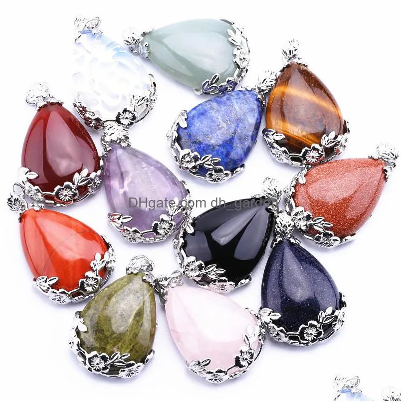 wholesale 45 x 27mm drop shaped metal edge carved stone necklace pendant accessories for jewelry diy shipping st007