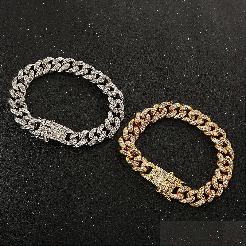 12mm  cuban link chain necklace bracelets set for mens bling hip hop iced out diamond gold silver rapper chains women jewelry 507