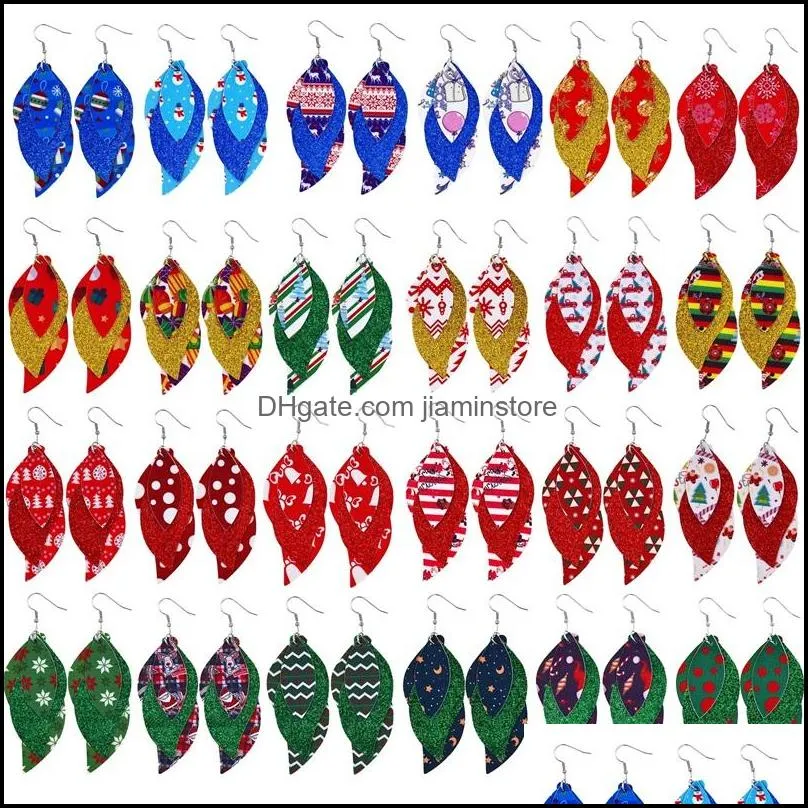 christmas earrings 3 layered s shape lightweight faux leather leaf earrings glitter red dangle earring for women gifts 138 h1