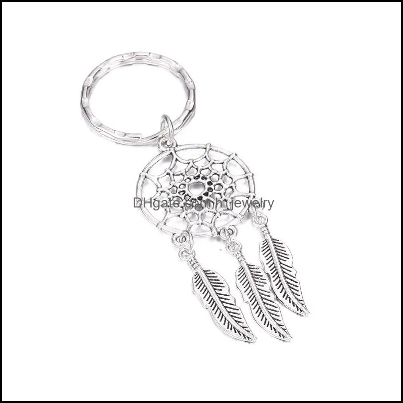 vintage sliver feather dreamcather round hollow keychain for women tassel beads leaf key ring fit bag key car decorative jewelry