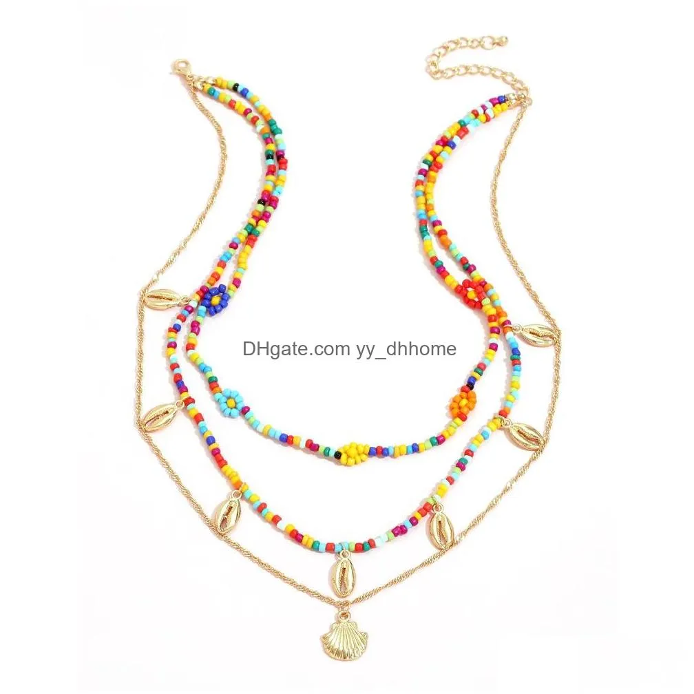 fashion jewelry multilayer necklace colorful beaded shell scallop pendant sweater chain choker necklaces